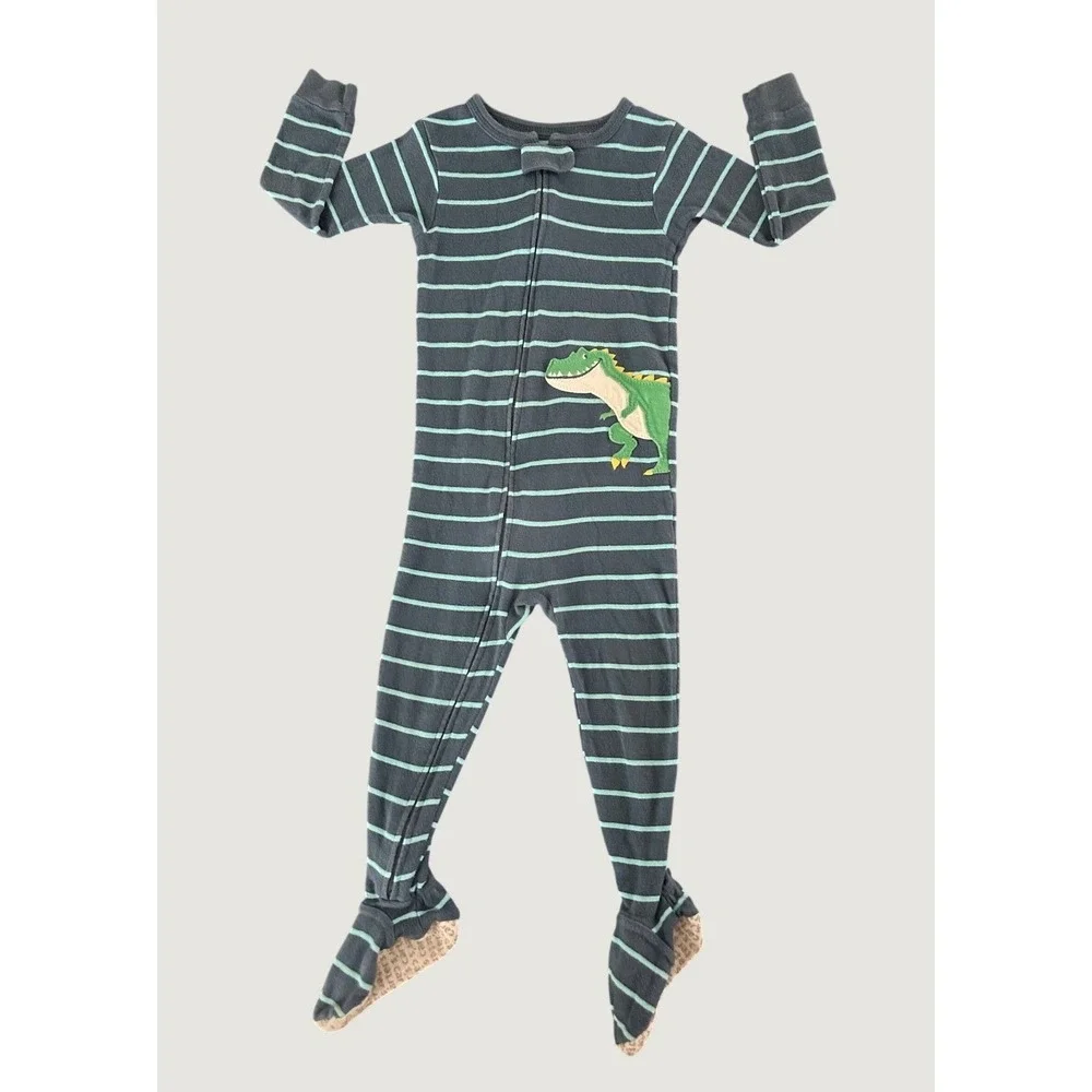 Carters Boys Blue Striped Dinosaur Footed Pajamas Cotton Zip Up Sleepwear 1488